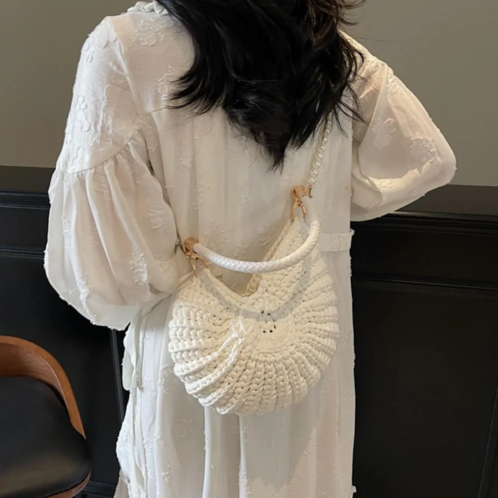 Seashell Bag Handwoven Beach Handbag Shell Purse for Wome Summer Crossbody Satchel with Pearl Strap