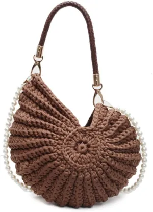 Seashell Bag Handwoven Beach Handbag Shell Purse for Wome Summer Crossbody Satchel with Pearl Strap