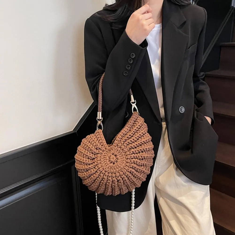 Seashell Bag Handwoven Beach Handbag Shell Purse for Wome Summer Crossbody Satchel with Pearl Strap