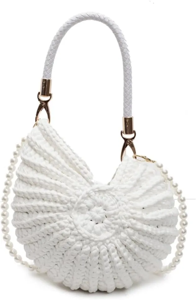 Seashell Bag Handwoven Beach Handbag Shell Purse for Wome Summer Crossbody Satchel with Pearl Strap