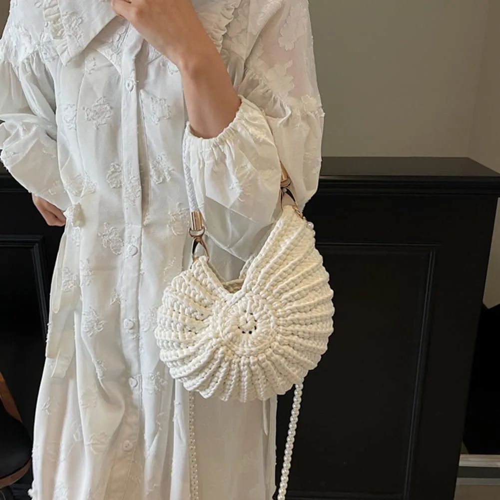 Seashell Bag Handwoven Beach Handbag Shell Purse for Wome Summer Crossbody Satchel with Pearl Strap
