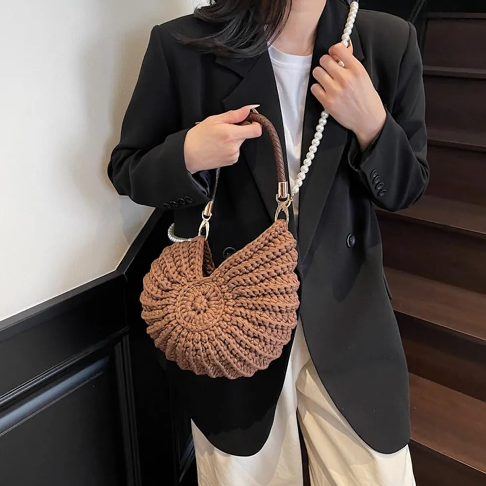 Seashell Bag Handwoven Beach Handbag Shell Purse for Wome Summer Crossbody Satchel with Pearl Strap
