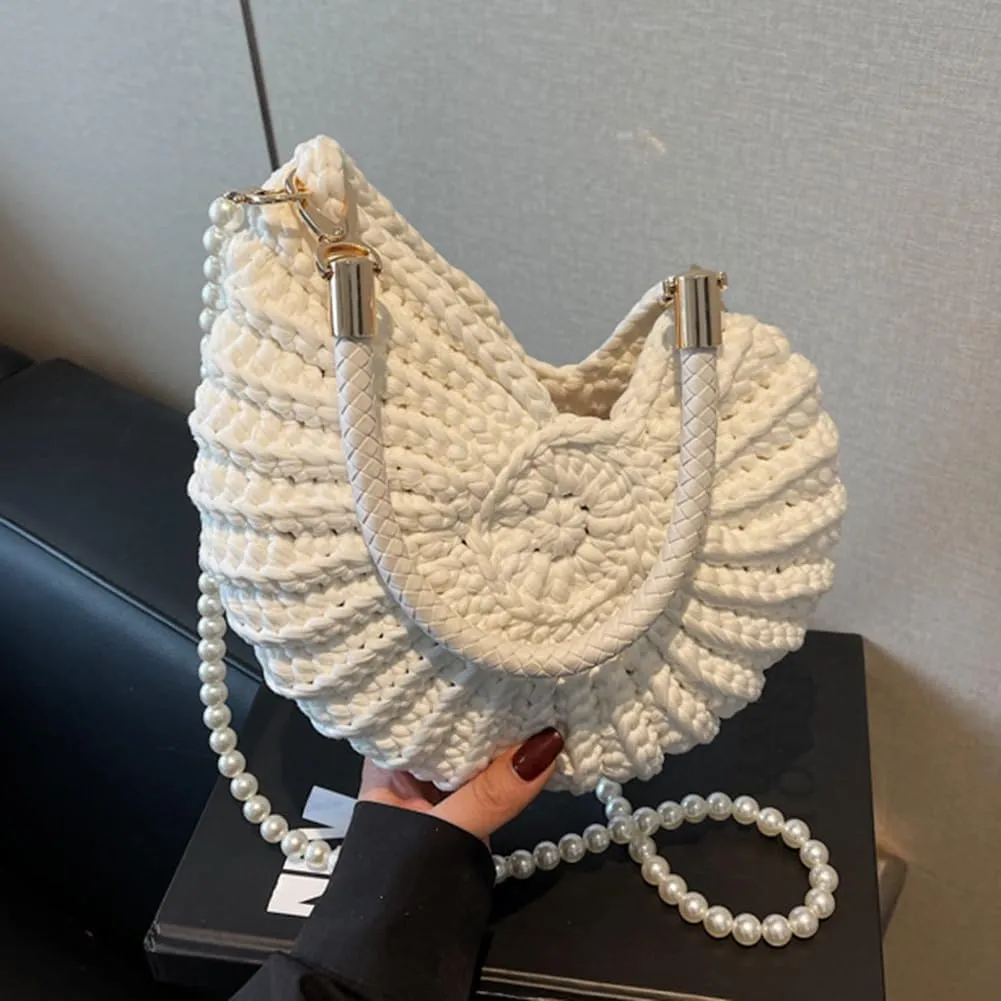 Seashell Bag Handwoven Beach Handbag Shell Purse for Wome Summer Crossbody Satchel with Pearl Strap