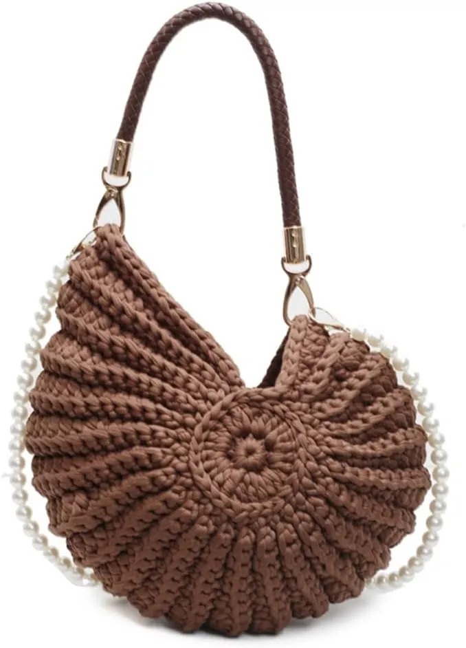 Seashell Bag Handwoven Beach Handbag Shell Purse for Wome Summer Crossbody Satchel with Pearl Strap