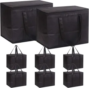 Set of 8 Large Insulated Reusable Grocery Bags with Sturdy Zipper and Handles, Foldable Washable Heavy Duty Cooler Totes for Hot or Cold Food Delivery, Groceries, Travel, Shopping