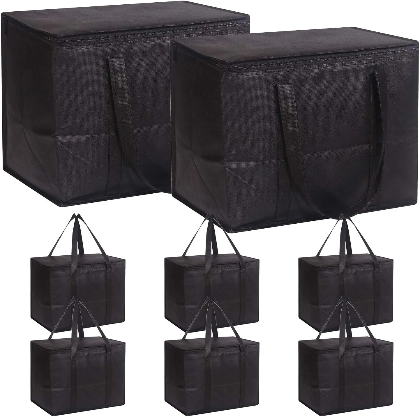 Set of 8 Large Insulated Reusable Grocery Bags with Sturdy Zipper and Handles, Foldable Washable Heavy Duty Cooler Totes for Hot or Cold Food Delivery, Groceries, Travel, Shopping