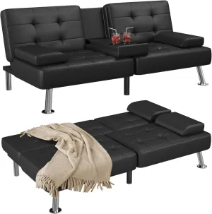 Shahoo Convertible Folding Futon Sofa Bed Sleeper Couch for Living Room Faux Leather Upholstered Loveseat w/Removable Armrests, Metal Legs, 2 Cup Holders, Black