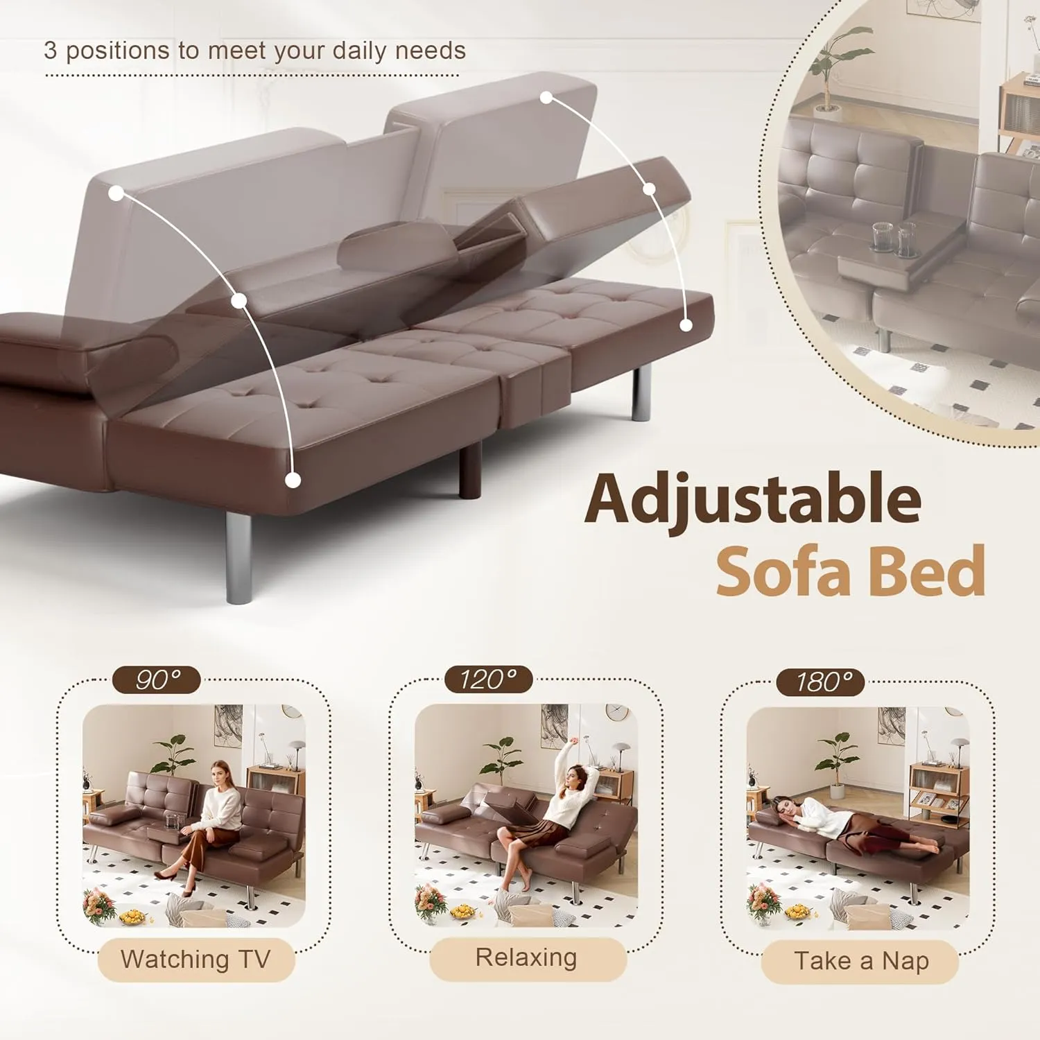 Shahoo Convertible Folding Futon Sofa Bed Sleeper Couch for Living Room Faux Leather Upholstered Loveseat w/Removable Armrests, Metal Legs, 2 Cup Holders, Brown