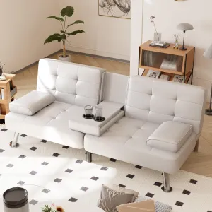 Shahoo Convertible Folding Futon Sofa Bed Sleeper Couch for Living Room Faux Leather Upholstered Loveseat w/Removable Armrests, Metal Legs, 2 Cup Holders, White