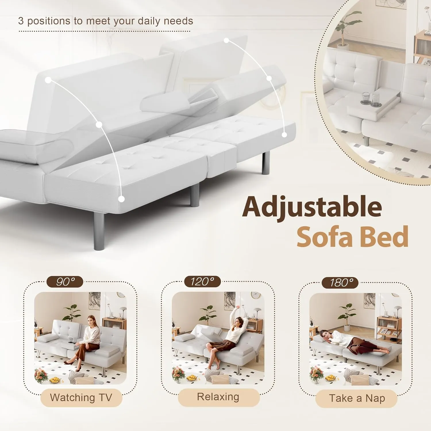 Shahoo Convertible Folding Futon Sofa Bed Sleeper Couch for Living Room Faux Leather Upholstered Loveseat w/Removable Armrests, Metal Legs, 2 Cup Holders, White