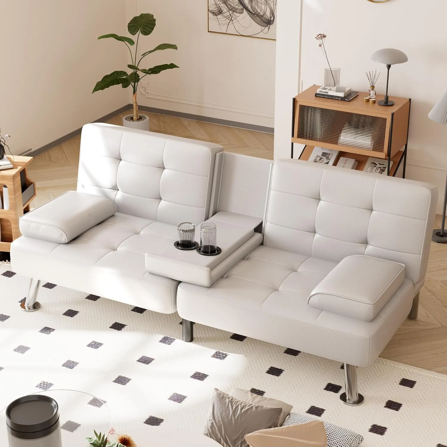 Shahoo Convertible Folding Futon Sofa Bed Sleeper Couch for Living Room Faux Leather Upholstered Loveseat w/Removable Armrests, Metal Legs, 2 Cup Holders, White