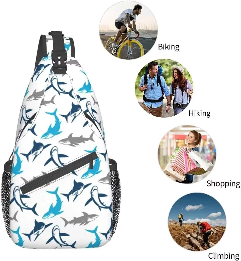 Shark Print Sling Bag Crossbody Backpack Elegant Seamless Pattern with Abstract Shark Silhouettes Gym Sports Travel Hiking Daypack Cute Animal Print Chest Bag Shoulder Bag for Women Men