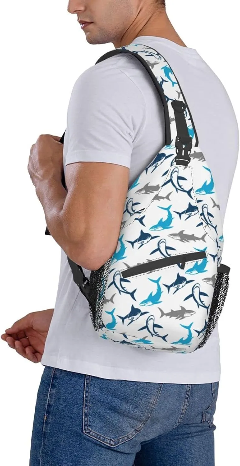 Shark Print Sling Bag Crossbody Backpack Elegant Seamless Pattern with Abstract Shark Silhouettes Gym Sports Travel Hiking Daypack Cute Animal Print Chest Bag Shoulder Bag for Women Men