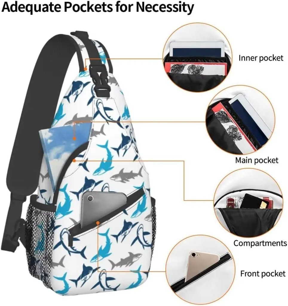 Shark Print Sling Bag Crossbody Backpack Elegant Seamless Pattern with Abstract Shark Silhouettes Gym Sports Travel Hiking Daypack Cute Animal Print Chest Bag Shoulder Bag for Women Men