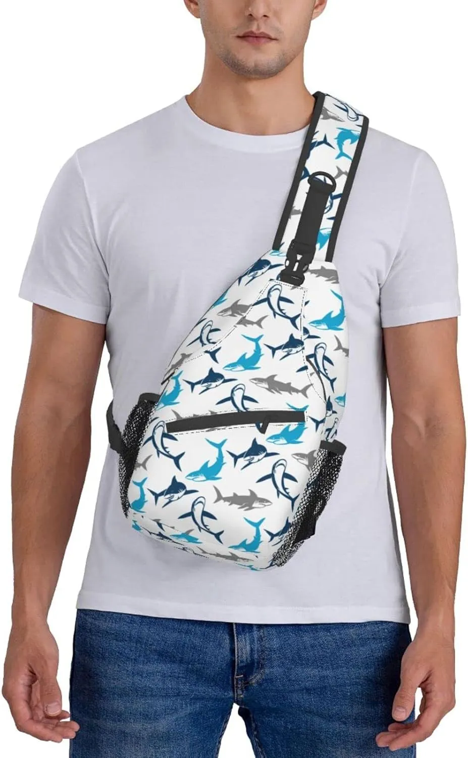 Shark Print Sling Bag Crossbody Backpack Elegant Seamless Pattern with Abstract Shark Silhouettes Gym Sports Travel Hiking Daypack Cute Animal Print Chest Bag Shoulder Bag for Women Men
