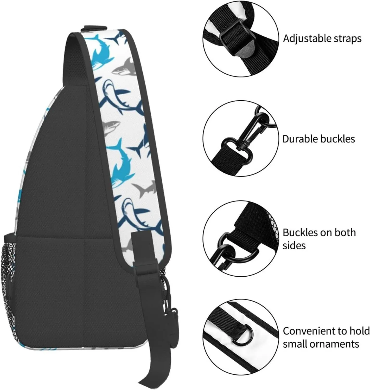 Shark Print Sling Bag Crossbody Backpack Elegant Seamless Pattern with Abstract Shark Silhouettes Gym Sports Travel Hiking Daypack Cute Animal Print Chest Bag Shoulder Bag for Women Men