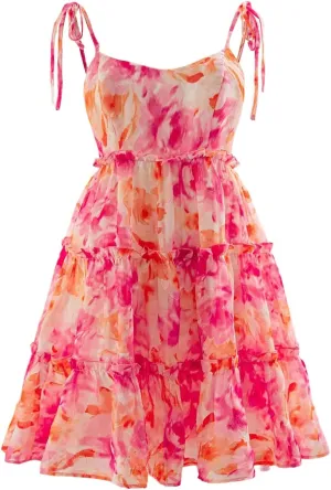 SHENHE Women's Summer Floral Mini Dress Tie Shoulder Tiered Ruffle Flowy Boho Sundress