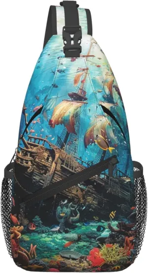 Shipwreck Under The Sea Sling Bag for women and Men, Ocean Fish Crossbody Chest Bag Water Resistant, Lightweight Sling Purse for Travel Hiking Gym Everyday Use