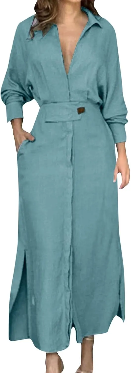 Shirt Dress for Women Lapel Collar Loose Cotton Linen Long Sleeve Cardigan Dresses Slim Fit High Waist Dress