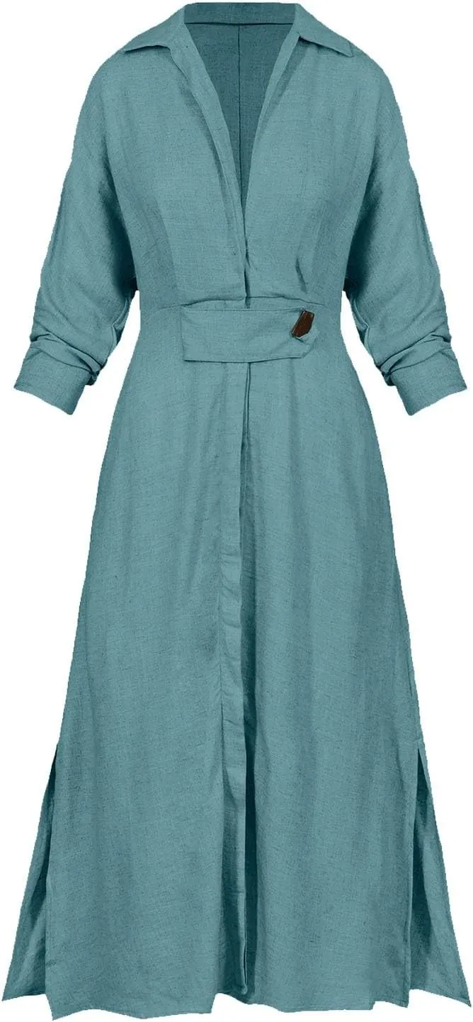 Shirt Dress for Women Lapel Collar Loose Cotton Linen Long Sleeve Cardigan Dresses Slim Fit High Waist Dress