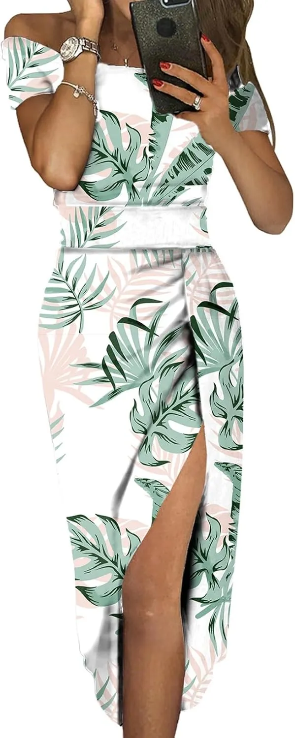 Sidefeel Women's Casual Off The Shoulder Floral Print Ruched High Slit Bodycon Evening Party Dress