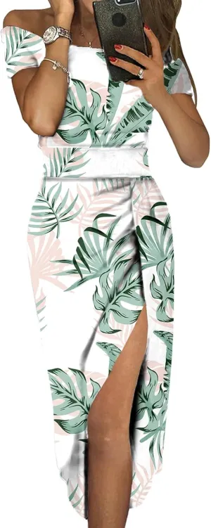Sidefeel Women's Casual Off The Shoulder Floral Print Ruched High Slit Bodycon Evening Party Dress