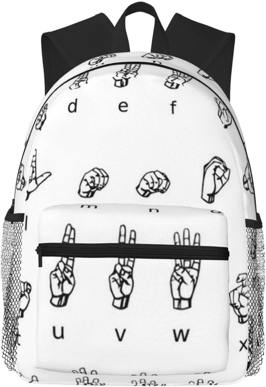 Sign Language Alphabet Print Double Shoulder Backpack,Casual Bag Laptop Backpack,Work,Travel,Sports Daily Use