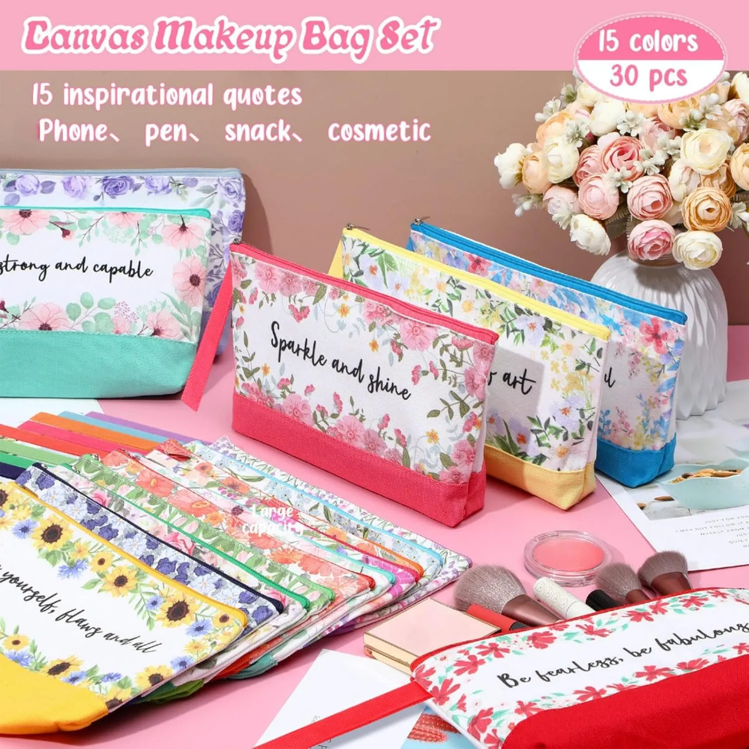 Silkfly 30 Pcs Canvas Makeup Bags Bulk Pencil Case Cotton Cosmetic Pouch with Zipper Bottom Blank Inspirational Travel Pouch Multi Purpose Toiletry Bags for Women(Multicolor,Flower)
