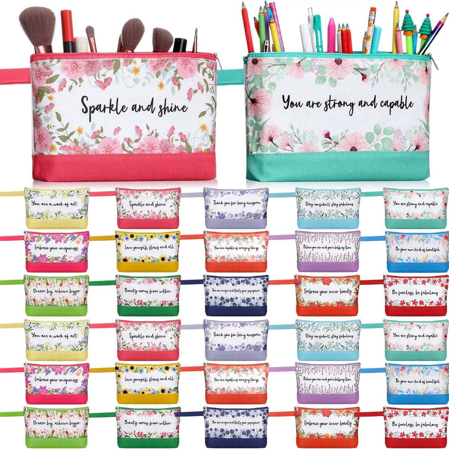Silkfly 30 Pcs Canvas Makeup Bags Bulk Pencil Case Cotton Cosmetic Pouch with Zipper Bottom Blank Inspirational Travel Pouch Multi Purpose Toiletry Bags for Women(Multicolor,Flower)