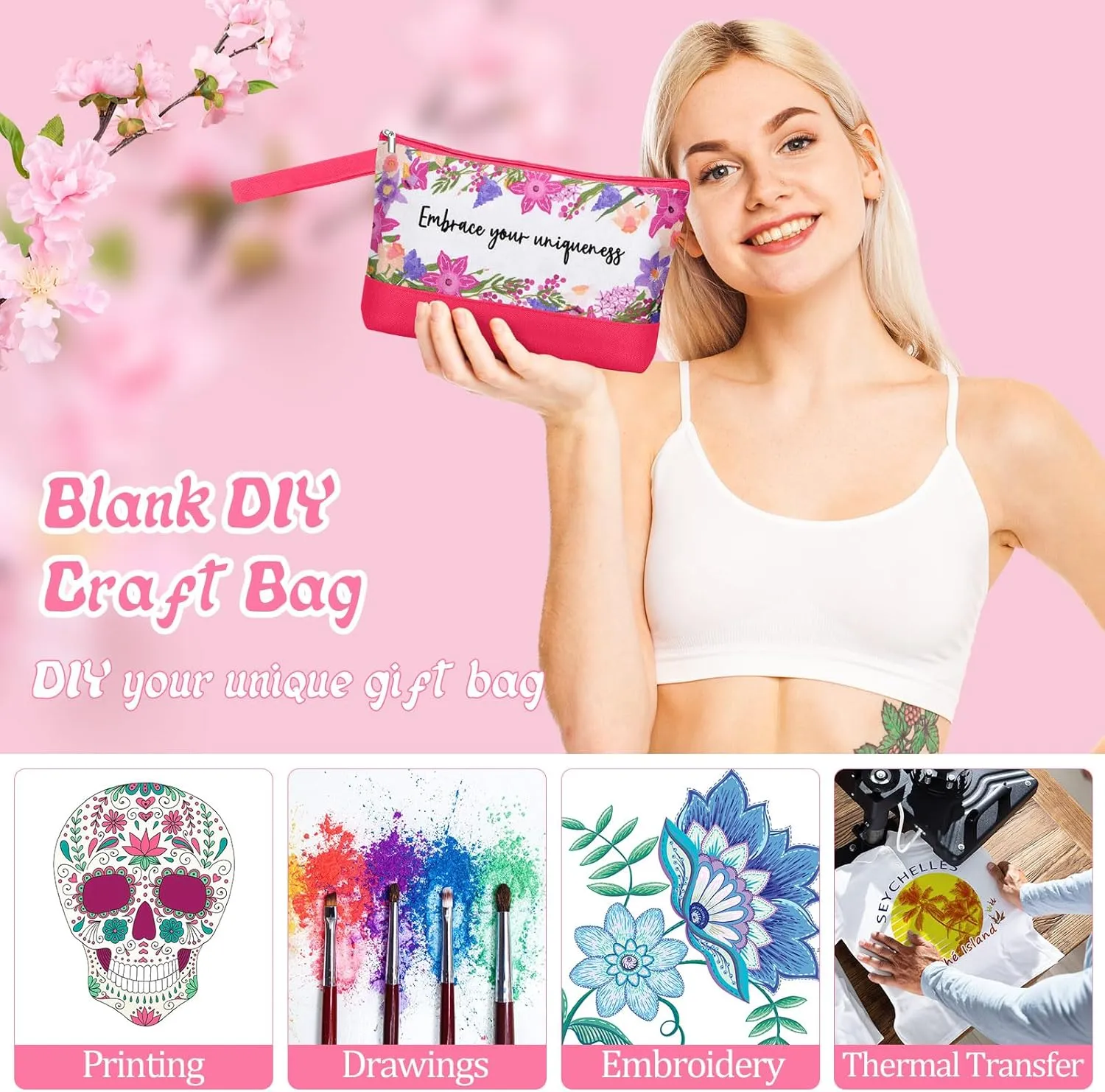 Silkfly 30 Pcs Canvas Makeup Bags Bulk Pencil Case Cotton Cosmetic Pouch with Zipper Bottom Blank Inspirational Travel Pouch Multi Purpose Toiletry Bags for Women(Multicolor,Flower)
