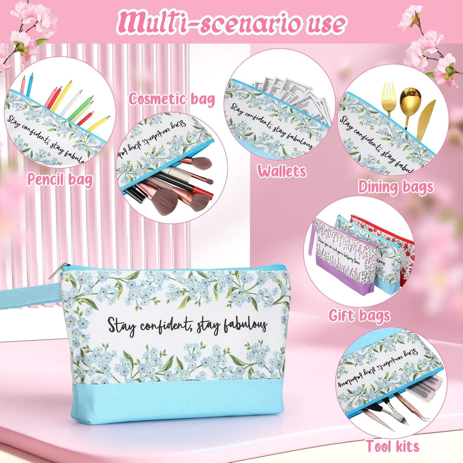 Silkfly 30 Pcs Canvas Makeup Bags Bulk Pencil Case Cotton Cosmetic Pouch with Zipper Bottom Blank Inspirational Travel Pouch Multi Purpose Toiletry Bags for Women(Multicolor,Flower)