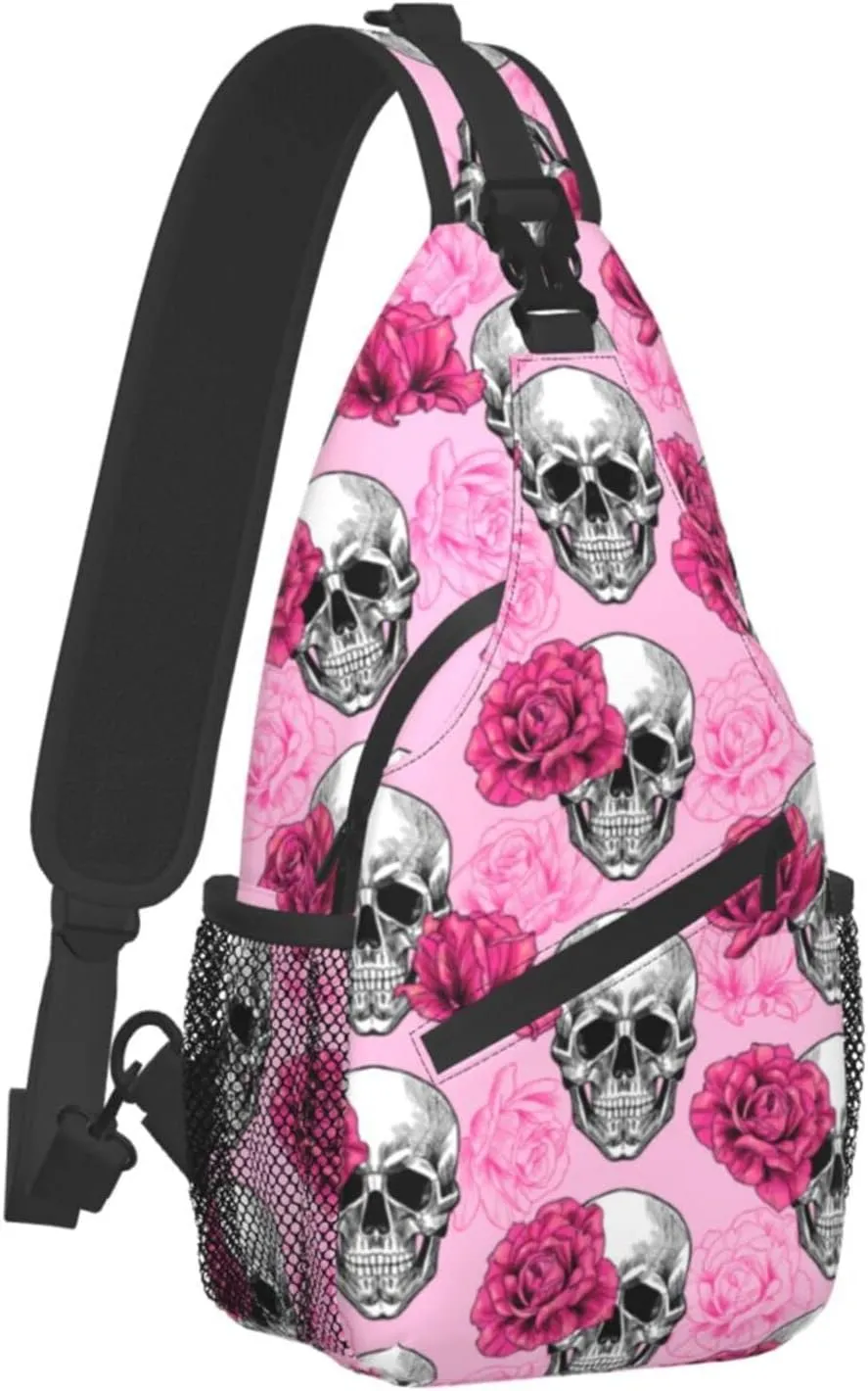 Skulls And Roses Crossbody Backpack for Women Men - Hiking Travel Over the Shoulder Bag Pouch Small Daypack Casual One Strap Pack Lightweight Cross Chest Bag Purse Outdoor Cycling