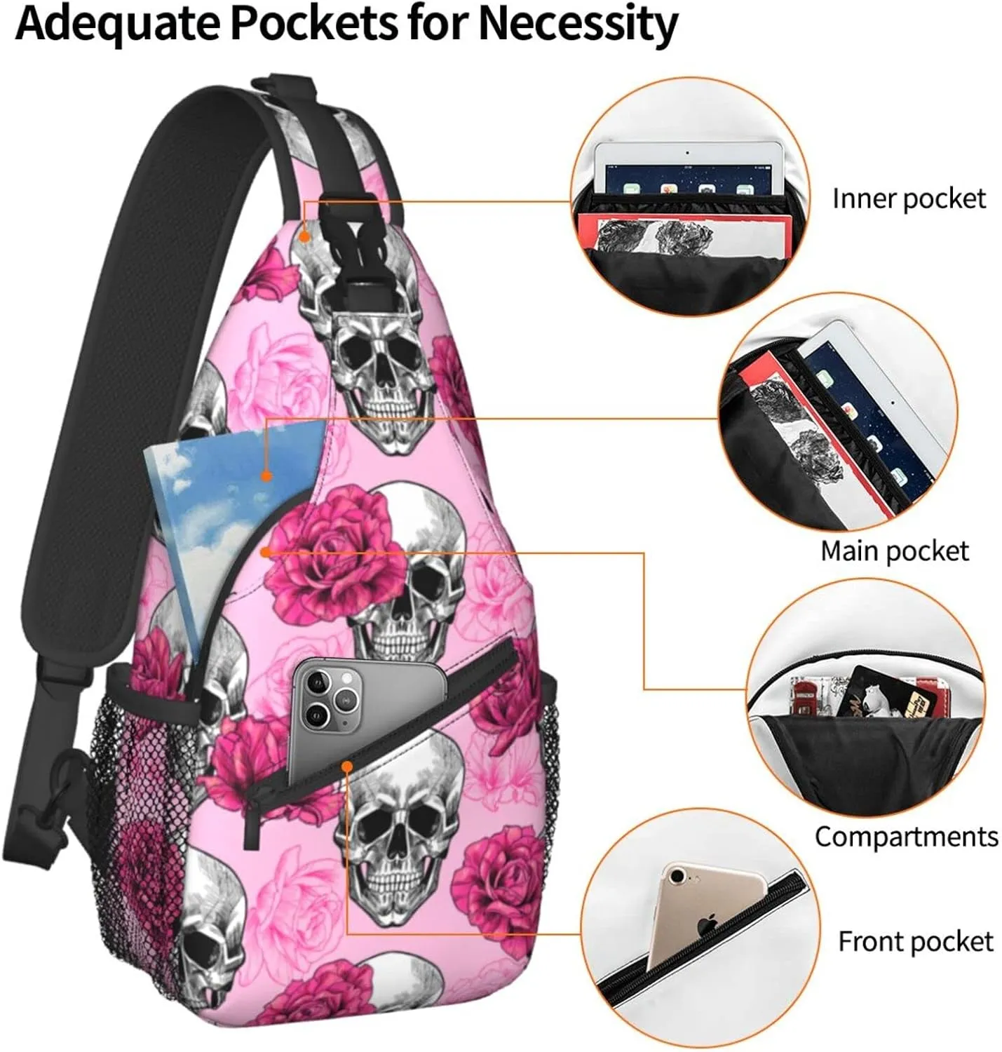 Skulls And Roses Crossbody Backpack for Women Men - Hiking Travel Over the Shoulder Bag Pouch Small Daypack Casual One Strap Pack Lightweight Cross Chest Bag Purse Outdoor Cycling