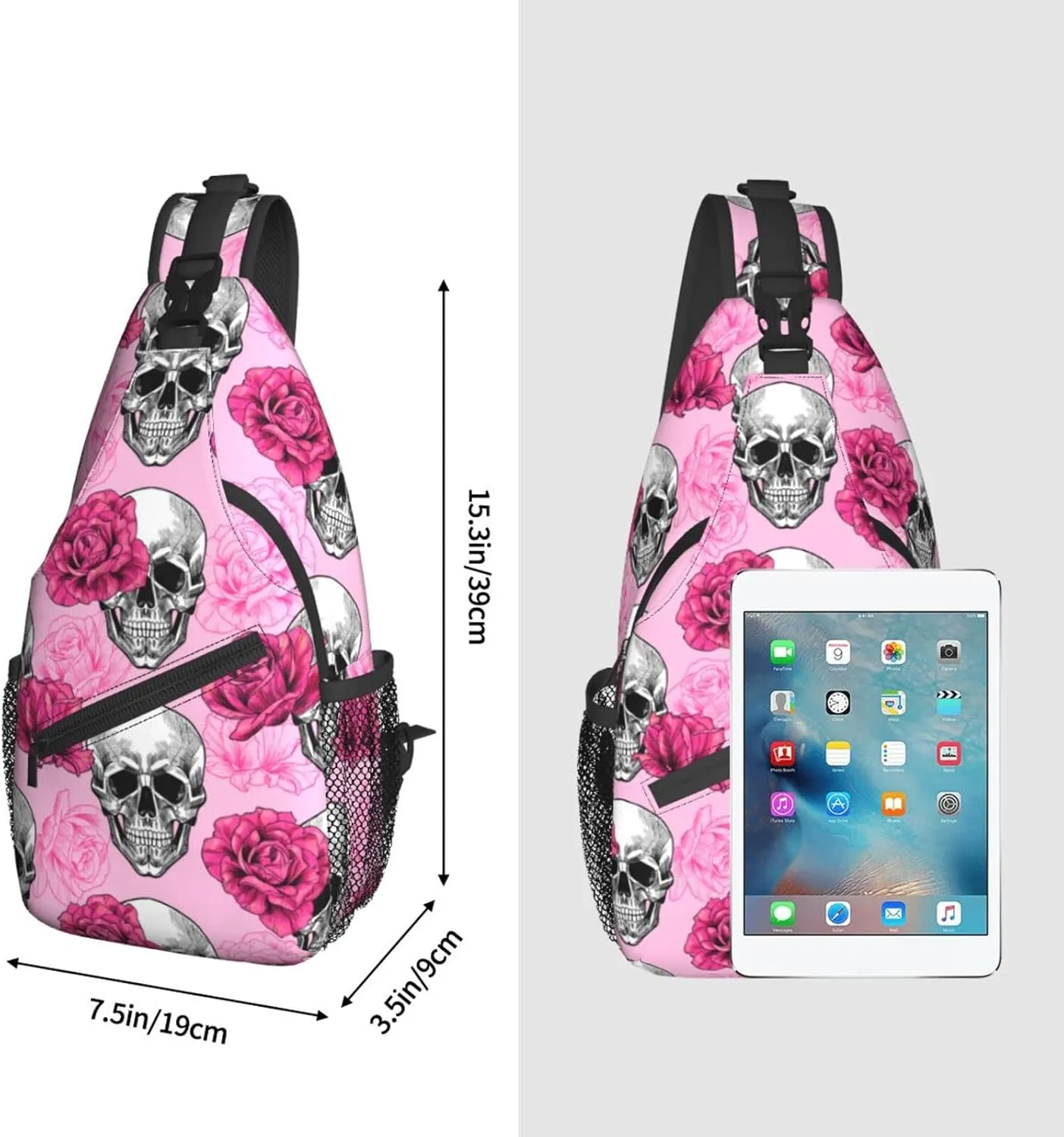 Skulls And Roses Crossbody Backpack for Women Men - Hiking Travel Over the Shoulder Bag Pouch Small Daypack Casual One Strap Pack Lightweight Cross Chest Bag Purse Outdoor Cycling