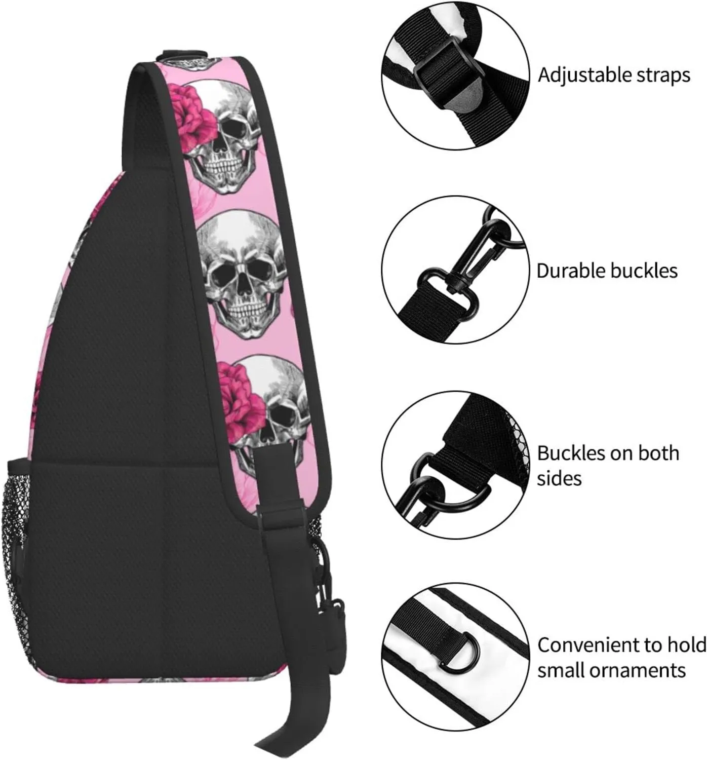 Skulls And Roses Crossbody Backpack for Women Men - Hiking Travel Over the Shoulder Bag Pouch Small Daypack Casual One Strap Pack Lightweight Cross Chest Bag Purse Outdoor Cycling
