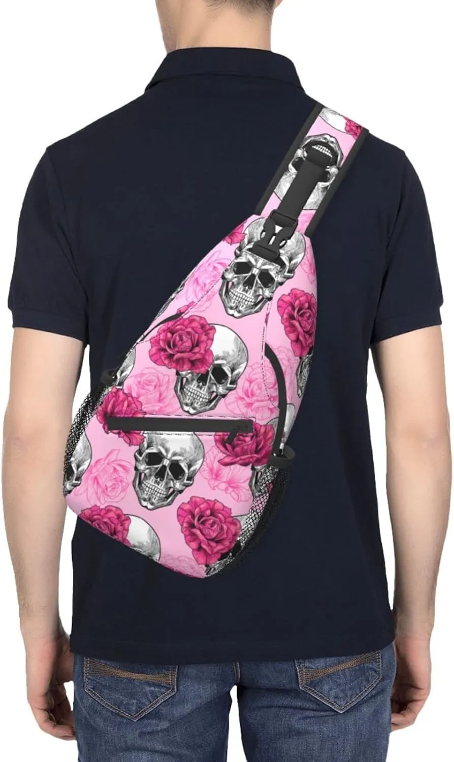 Skulls And Roses Crossbody Backpack for Women Men - Hiking Travel Over the Shoulder Bag Pouch Small Daypack Casual One Strap Pack Lightweight Cross Chest Bag Purse Outdoor Cycling