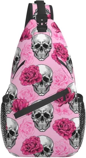 Skulls And Roses Crossbody Backpack for Women Men - Hiking Travel Over the Shoulder Bag Pouch Small Daypack Casual One Strap Pack Lightweight Cross Chest Bag Purse Outdoor Cycling