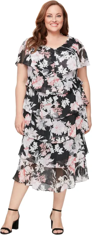 S.L. Fashions Women's Floral Tiered Spring/Summer Wedding Guest, Cocktail Dress, Special Occasion (Plus Size)