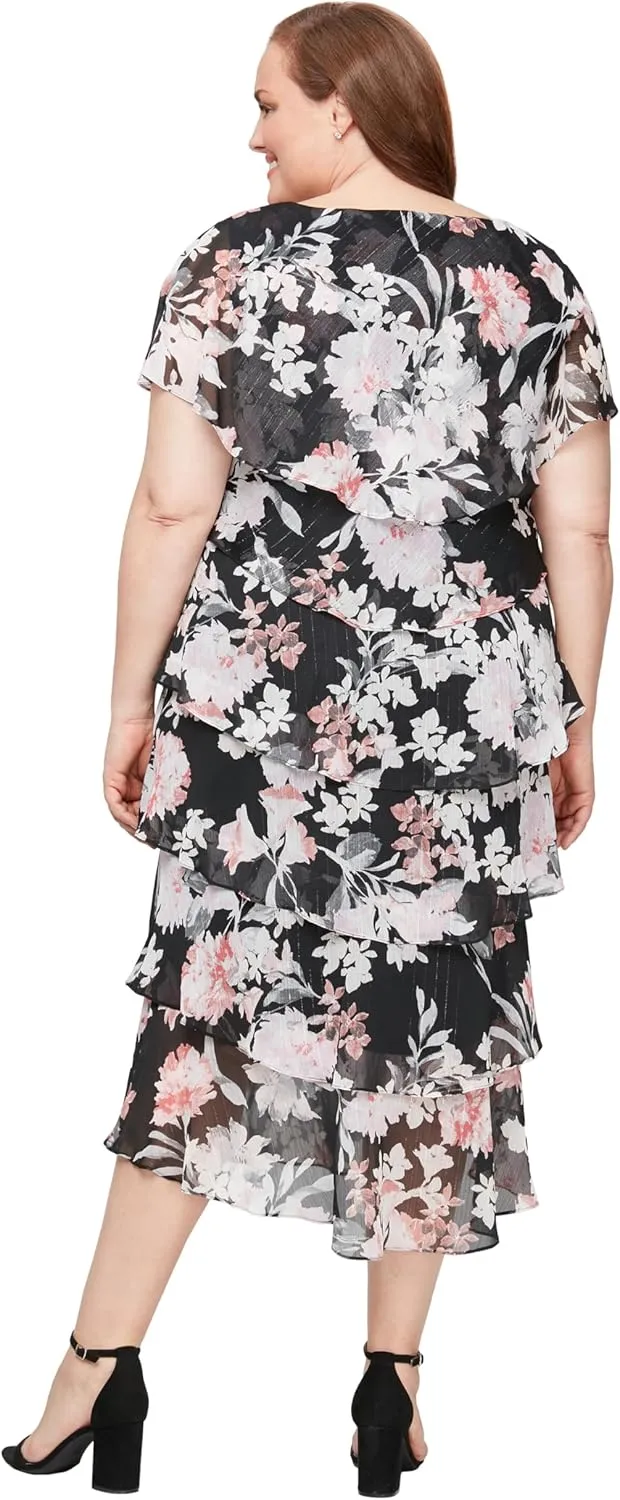 S.L. Fashions Women's Floral Tiered Spring/Summer Wedding Guest, Cocktail Dress, Special Occasion (Plus Size)