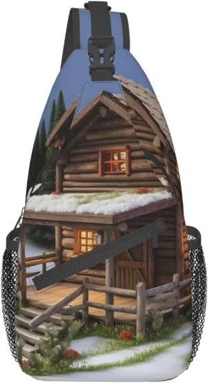 Sling Backpack Bag Wooden Rustic Log Cottage Scenery Print Crossbody Chest Bag Adjustable Shoulder Bag Travel Hiking Daypack Unisex