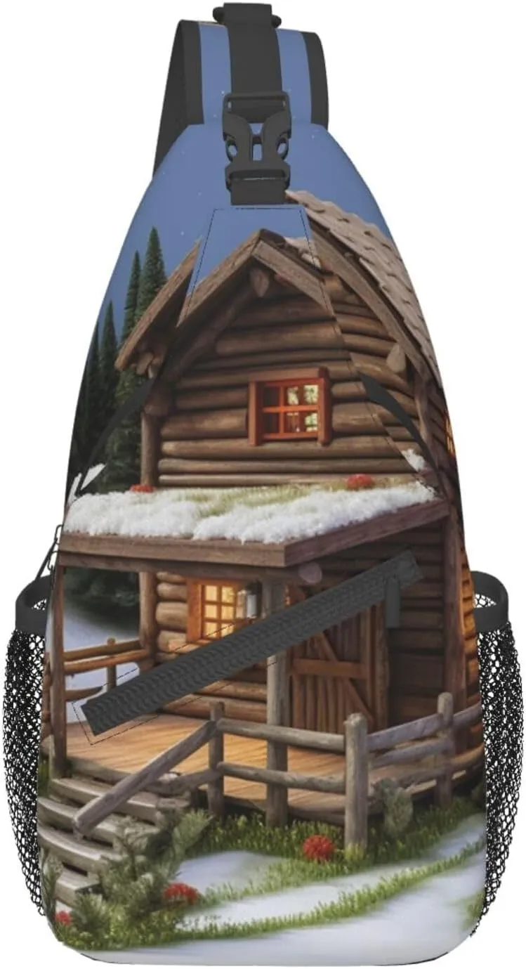 Sling Backpack Bag Wooden Rustic Log Cottage Scenery Print Crossbody Chest Bag Adjustable Shoulder Bag Travel Hiking Daypack Unisex