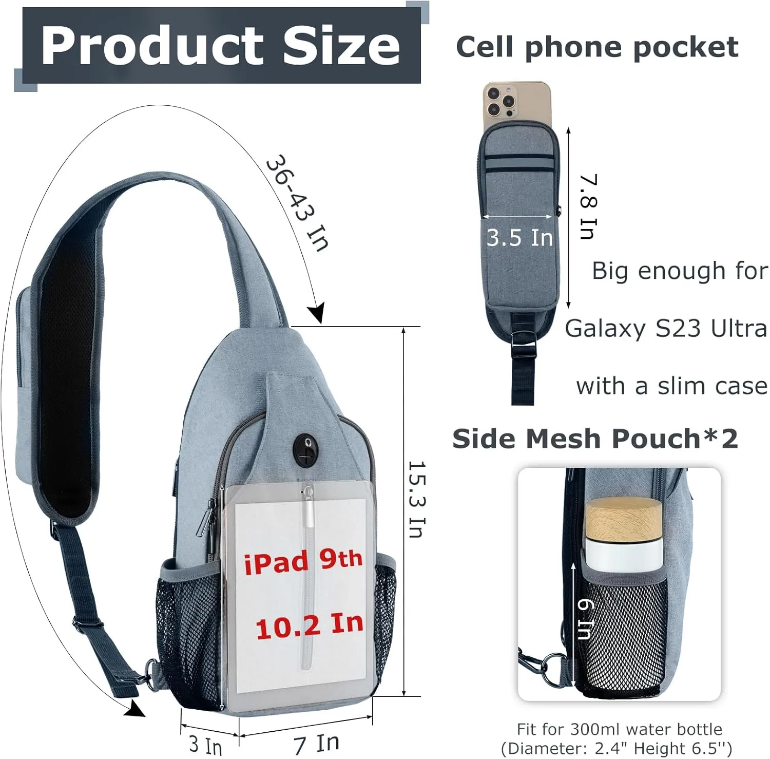 Sling Backpack, Crossbody Bag Large Sling Bag RFID with Water Bottle Holder Phone Holder Travelling Hiking Daypack