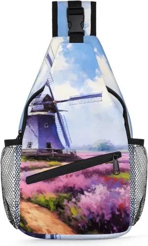 Sling Backpack Lavender Flower Field Windmill,Shoulder Chest Bag Crossbody Sling Bag Travel Hiking Daypack for Women Men
