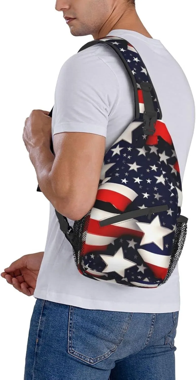 Sling Backpack,Men Cross Chest Bag Diagonally,Durable Adjustable Outdoor Cycling Travel Bag,American Flag Stars Stripes Print