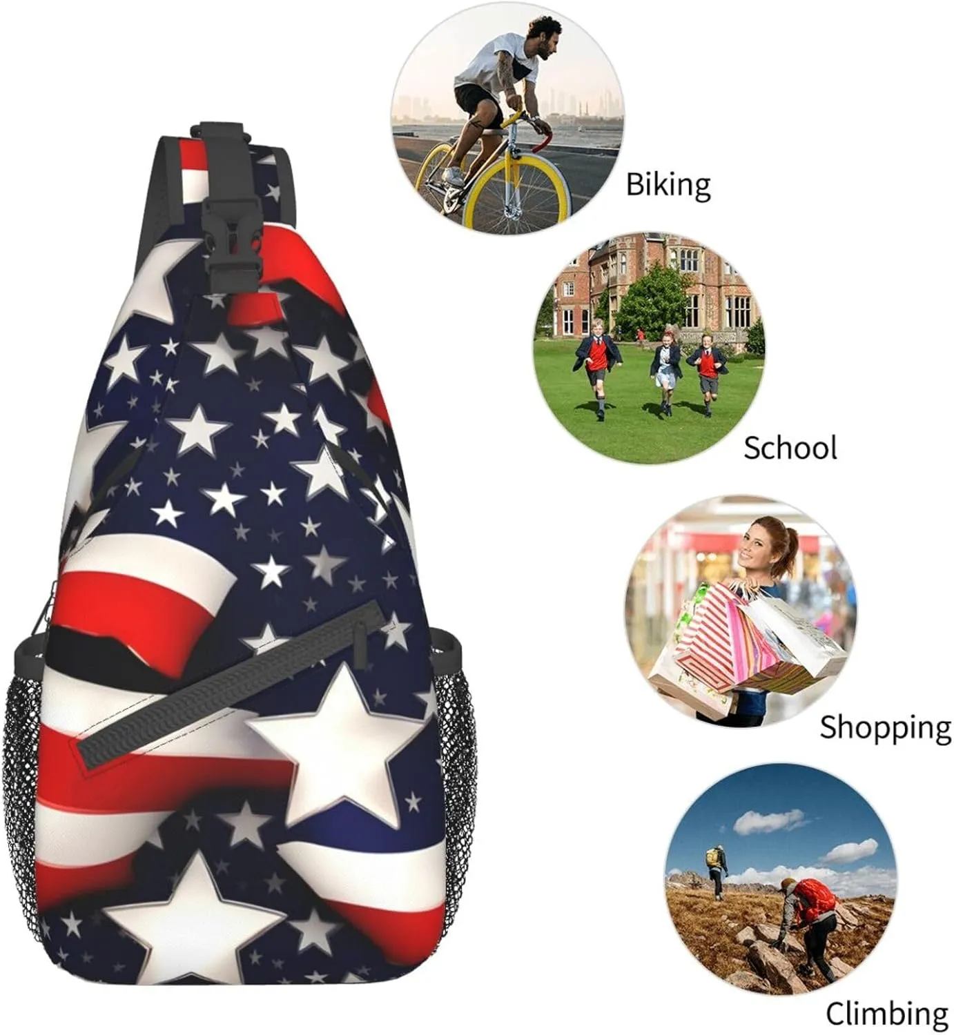 Sling Backpack,Men Cross Chest Bag Diagonally,Durable Adjustable Outdoor Cycling Travel Bag,American Flag Stars Stripes Print