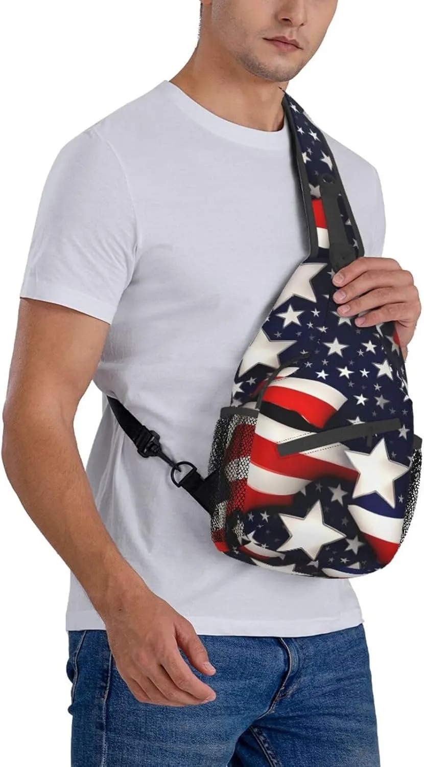 Sling Backpack,Men Cross Chest Bag Diagonally,Durable Adjustable Outdoor Cycling Travel Bag,American Flag Stars Stripes Print
