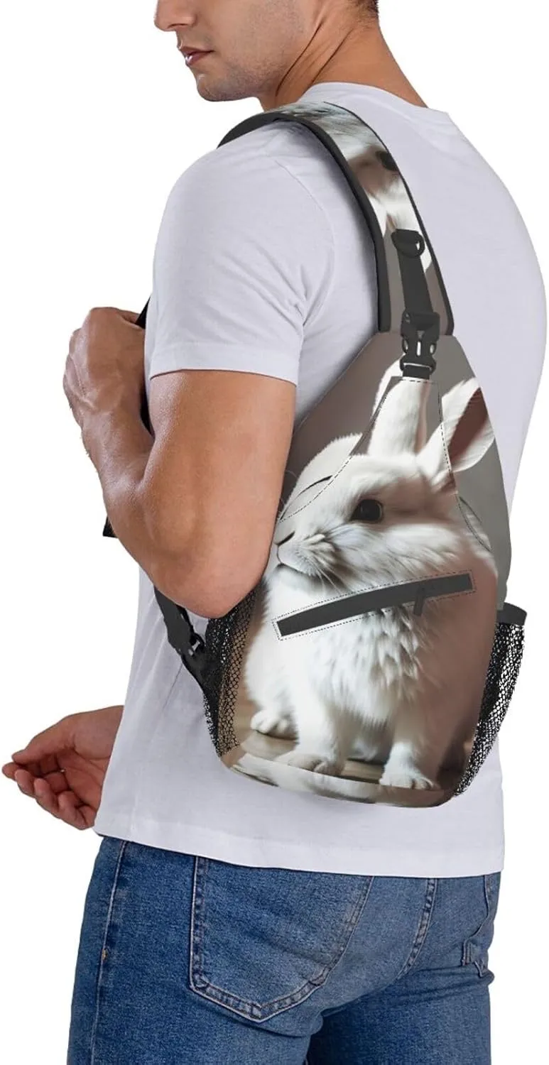 Sling Backpack,Men Cross Chest Bag Diagonally,Durable Adjustable Outdoor Cycling Travel Bag,Cry White Rabbit Print