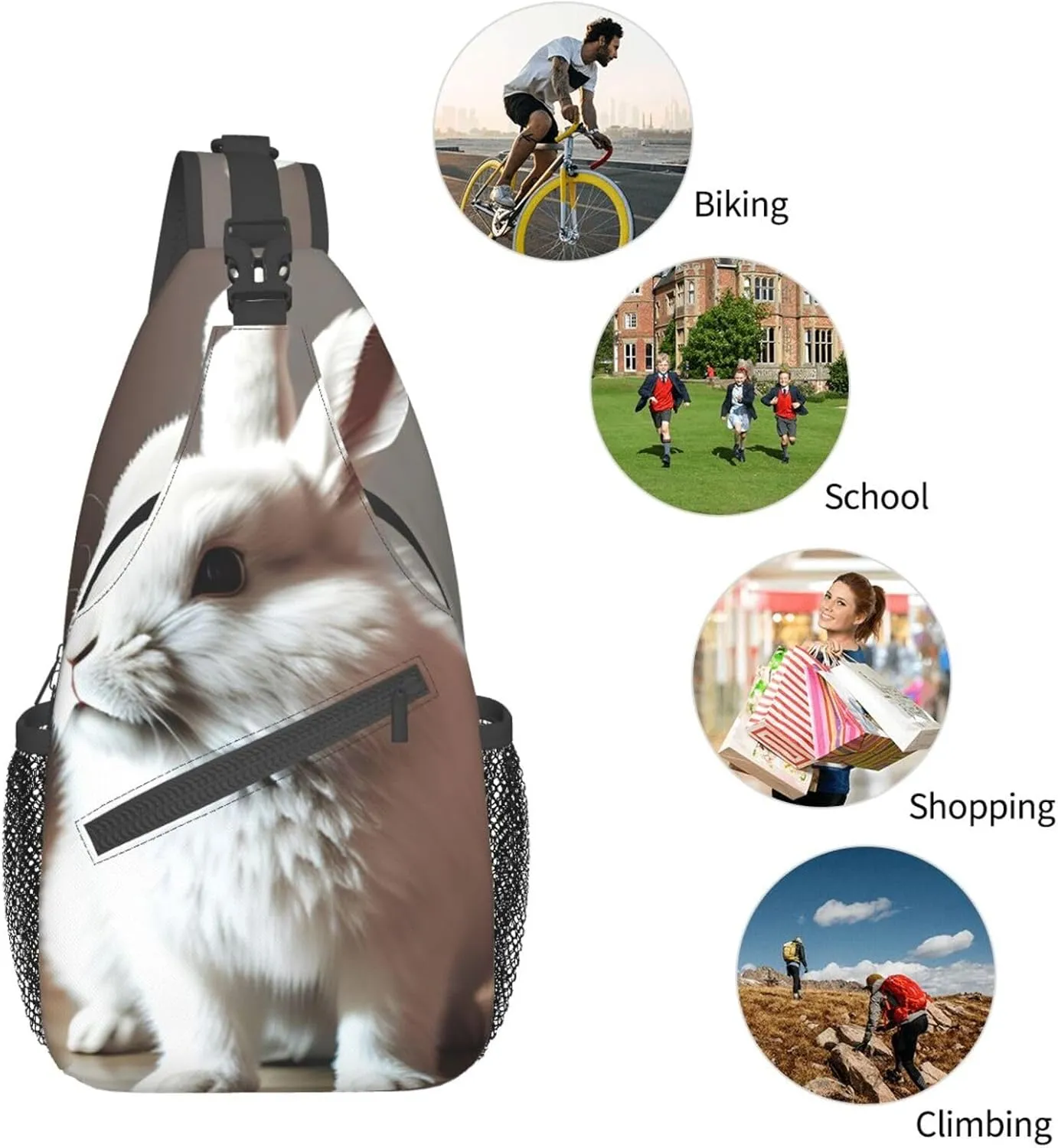 Sling Backpack,Men Cross Chest Bag Diagonally,Durable Adjustable Outdoor Cycling Travel Bag,Cry White Rabbit Print