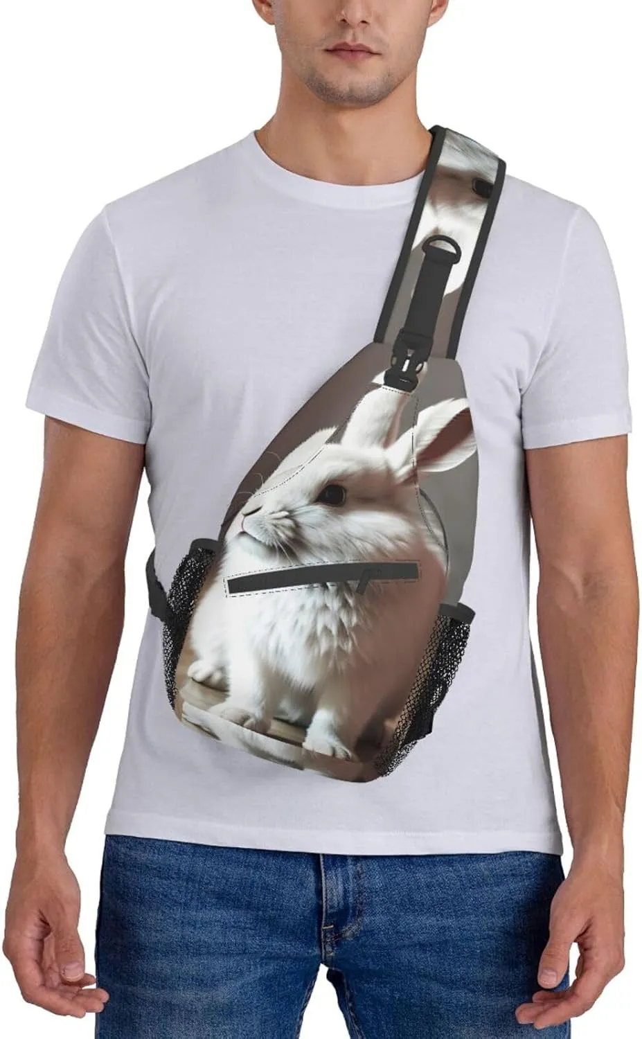 Sling Backpack,Men Cross Chest Bag Diagonally,Durable Adjustable Outdoor Cycling Travel Bag,Cry White Rabbit Print