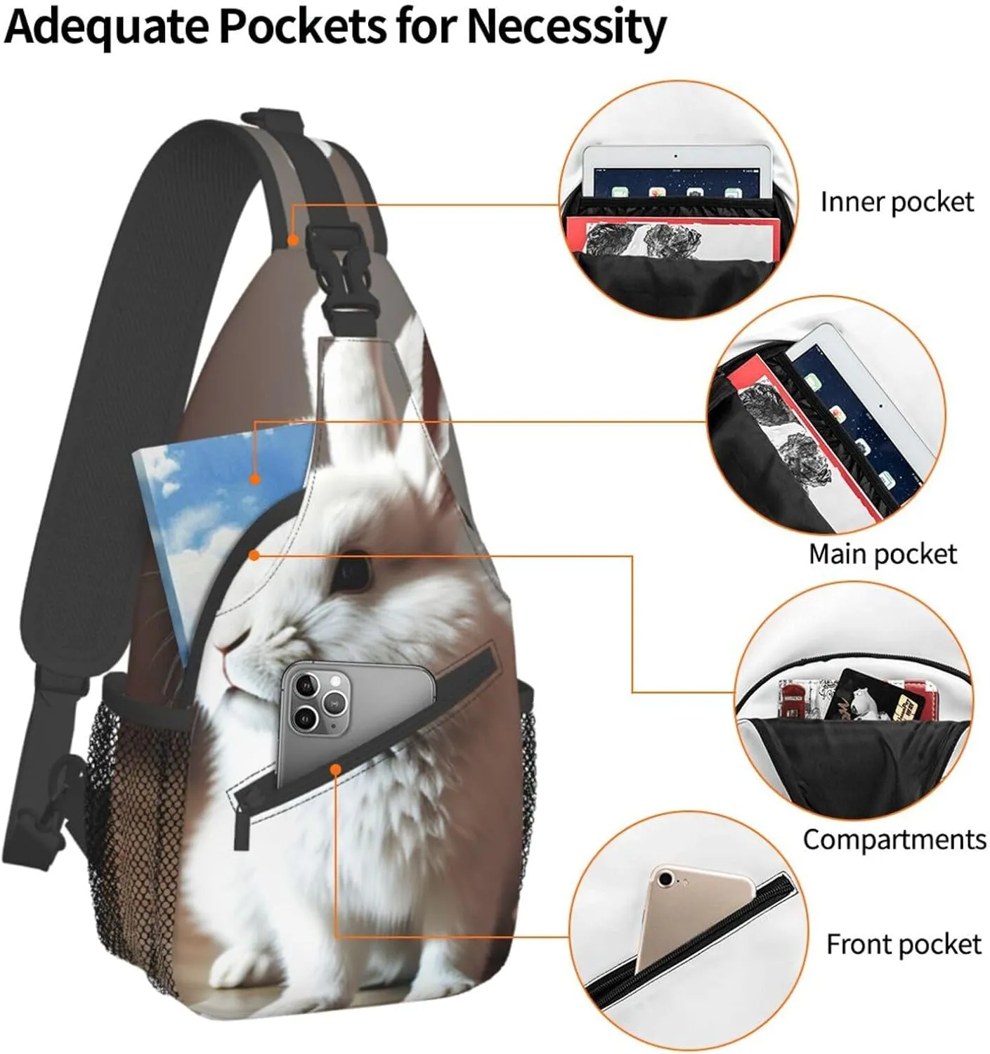 Sling Backpack,Men Cross Chest Bag Diagonally,Durable Adjustable Outdoor Cycling Travel Bag,Cry White Rabbit Print